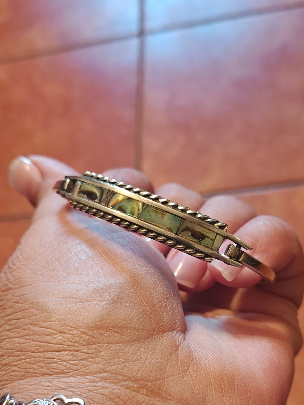 Silver-Tone Abalone Inlay Cuff Bracelet - Green